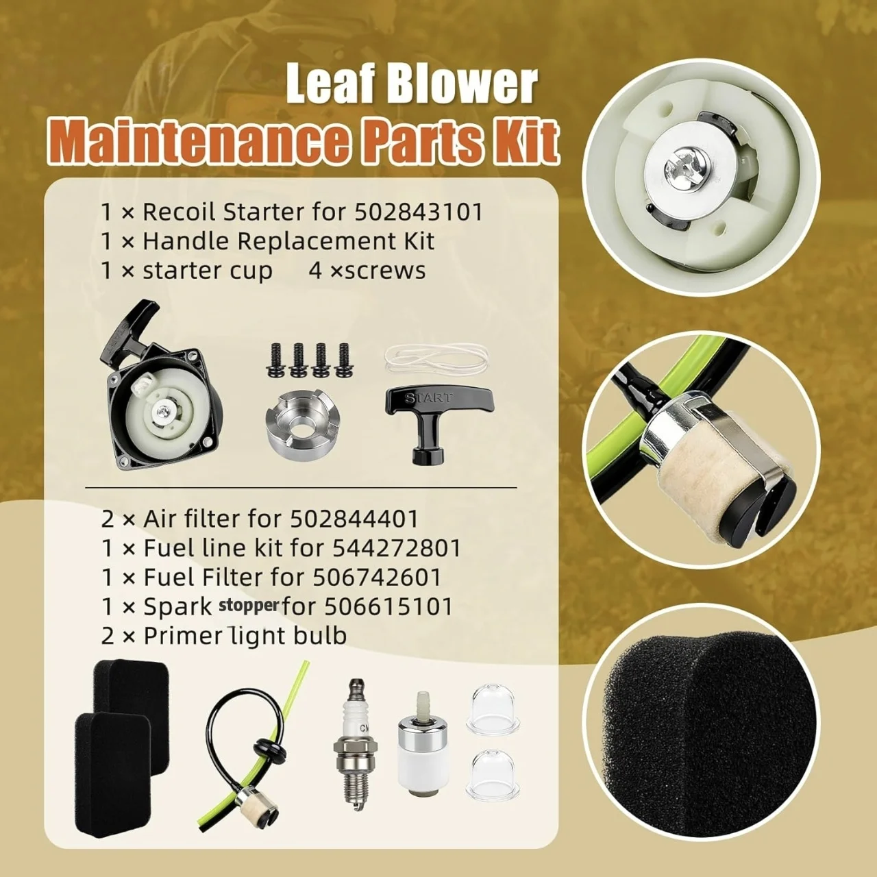 Recoil Starter Rope Kit Air Filter Set For Backpack Blower Models 350BF 350BT Leaf Blower Vacuum Parts