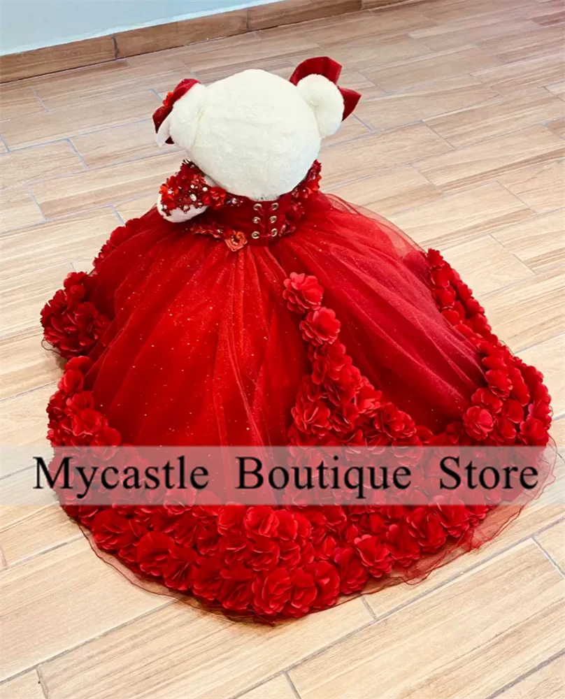 Red Tulle Quinceanera Teddy Bear Dress 2024 Luxurious Crystals Applique Mini Quinceanera Dress