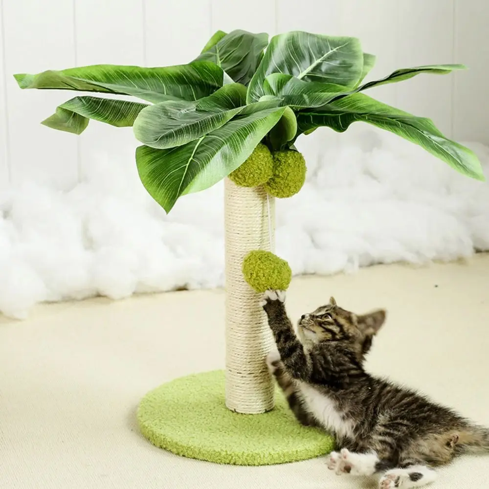 

Sisal Rope Cat Scratching Post Wooden Track Ball Durable Design Scratch Post Green Leaves Hanging Balls Cat Tree