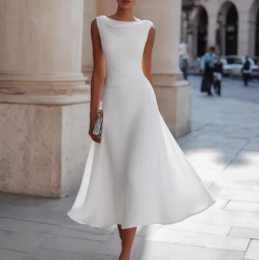 

Women's Dress 2026 Spring Summer New Solid Color Swinging Collar Sleeveless Cinched Waist Large Swing Mid Length Dress