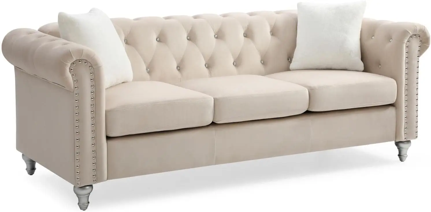 Raisa Velvet Sofa in Beige，20 Inches，Standard，Button Tufted