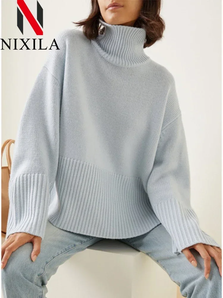 

Новый осенне-зимний вязаный женский свитер с воротником большого размера, топ с длинными рукавами, повседневный свободный джемпер, толстые теплые пуловеры для женщин