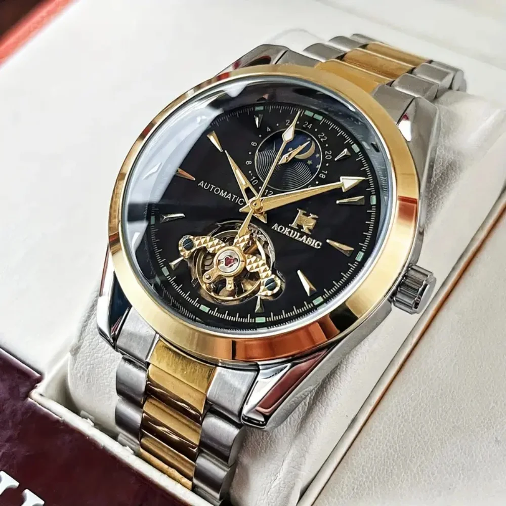 European and American Style High-End Luxury Tourbillon Sun, Moon, and Stars Men's Watch, Fully Automatic Mechanical Watch, Elegant Business Style Mechanical Watch, Trendy Men's Watch with Luminous Hands, High-End Men's Mechanical Wristwatch
