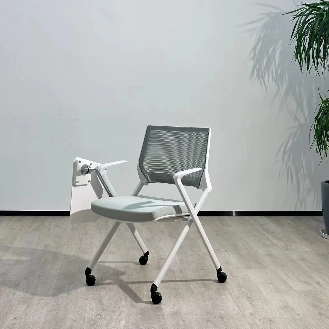 #￥High Quality White Folding Mesh Chair with Writing Table Comfortable Stackable for School Hotel Training and Meeting Room