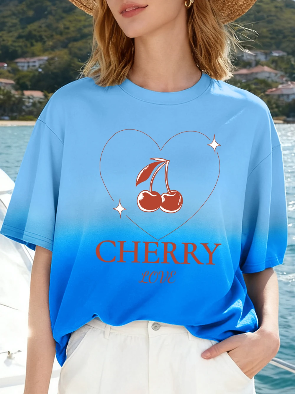 

Cherries Loved Prints Womens Gradient Tie Dye T-Shirt Summer Soft T Shirts Short Sleeve O-Neck Casual Tops Oversized Clothes