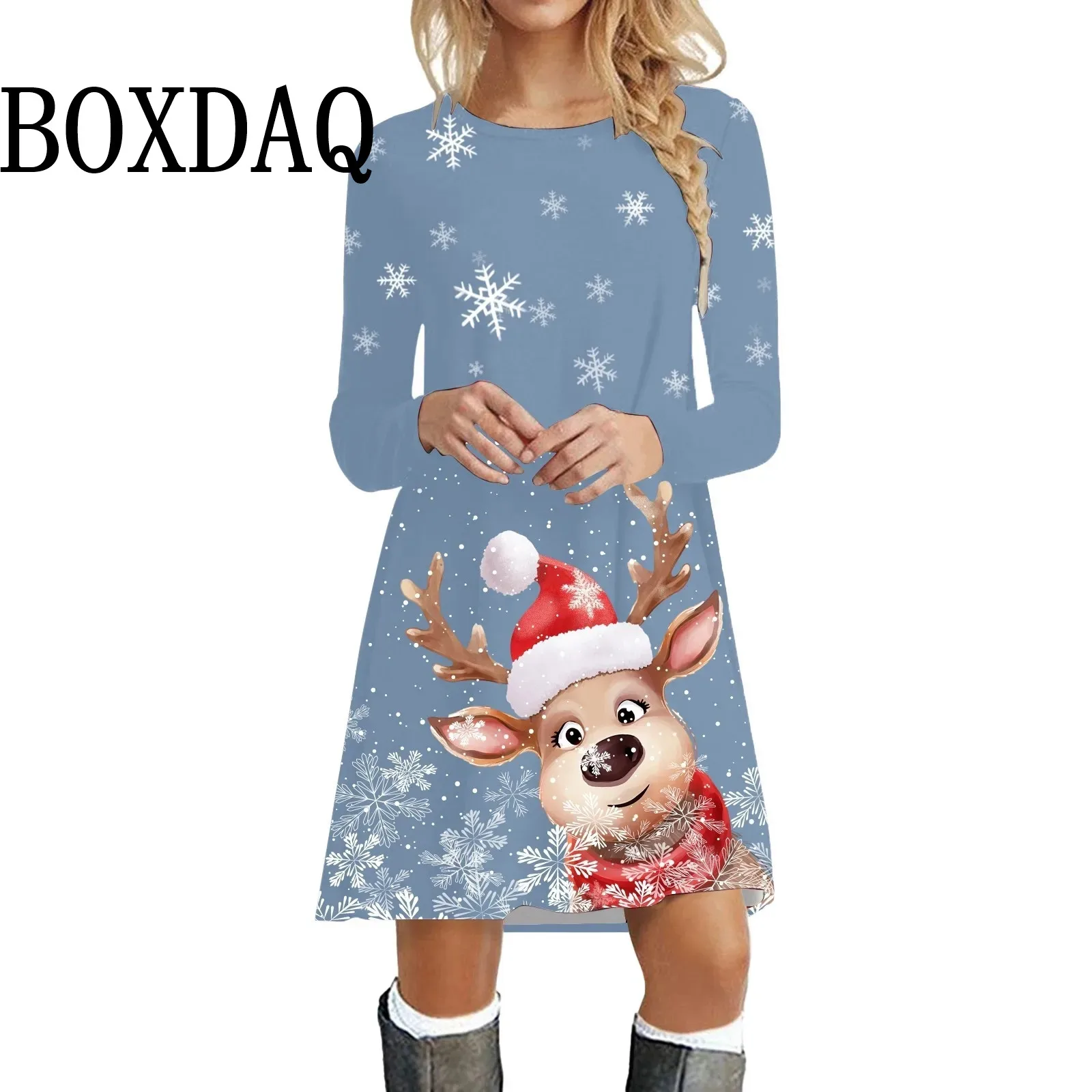 Robe de Noël décontractée à manches longues pour femmes, verre imprimé, col rond, flocon de neige, robes de fête de Noël, vêtements de mode