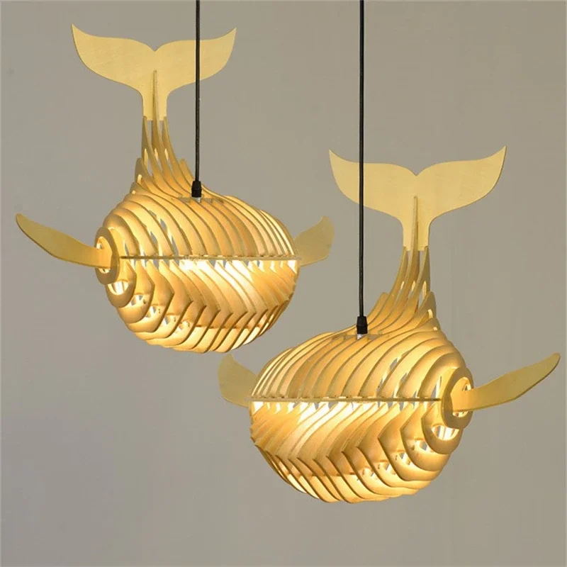 Modern Wooden Art Pendant Lights Whale Wood  Lamp Restaurant Fish Pendant Lamp for Kids Room Hanging Kitchen Lamp Light Fixtures