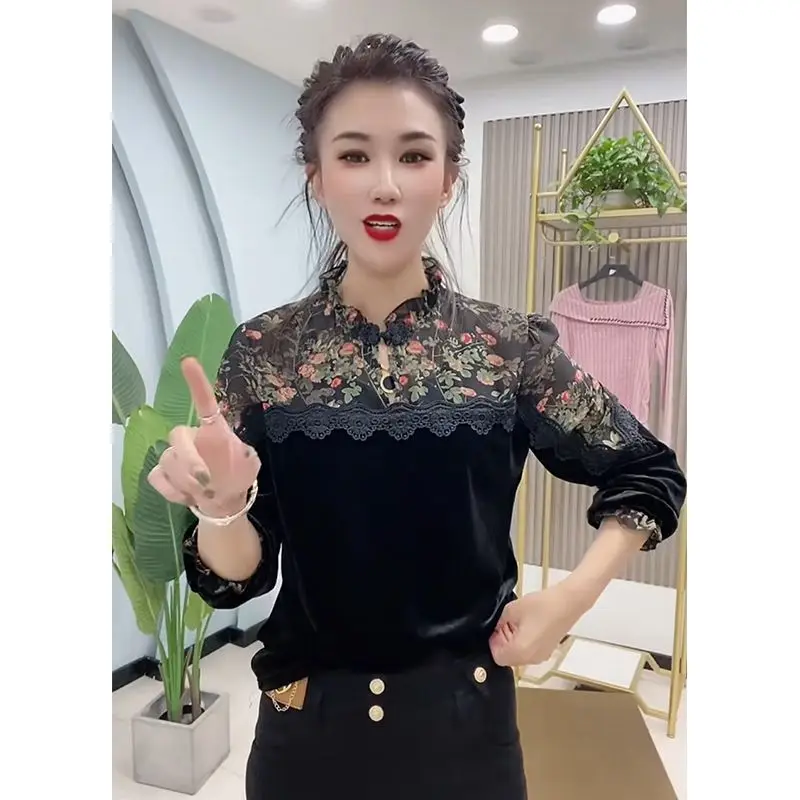 بلوزة نسائية أنيقة مع تطريز الأزهار وحواف من الدانتيل وياقة واقفة وأكمام طويلة ملابس ربيع الخريف بقصة ضيقة #2