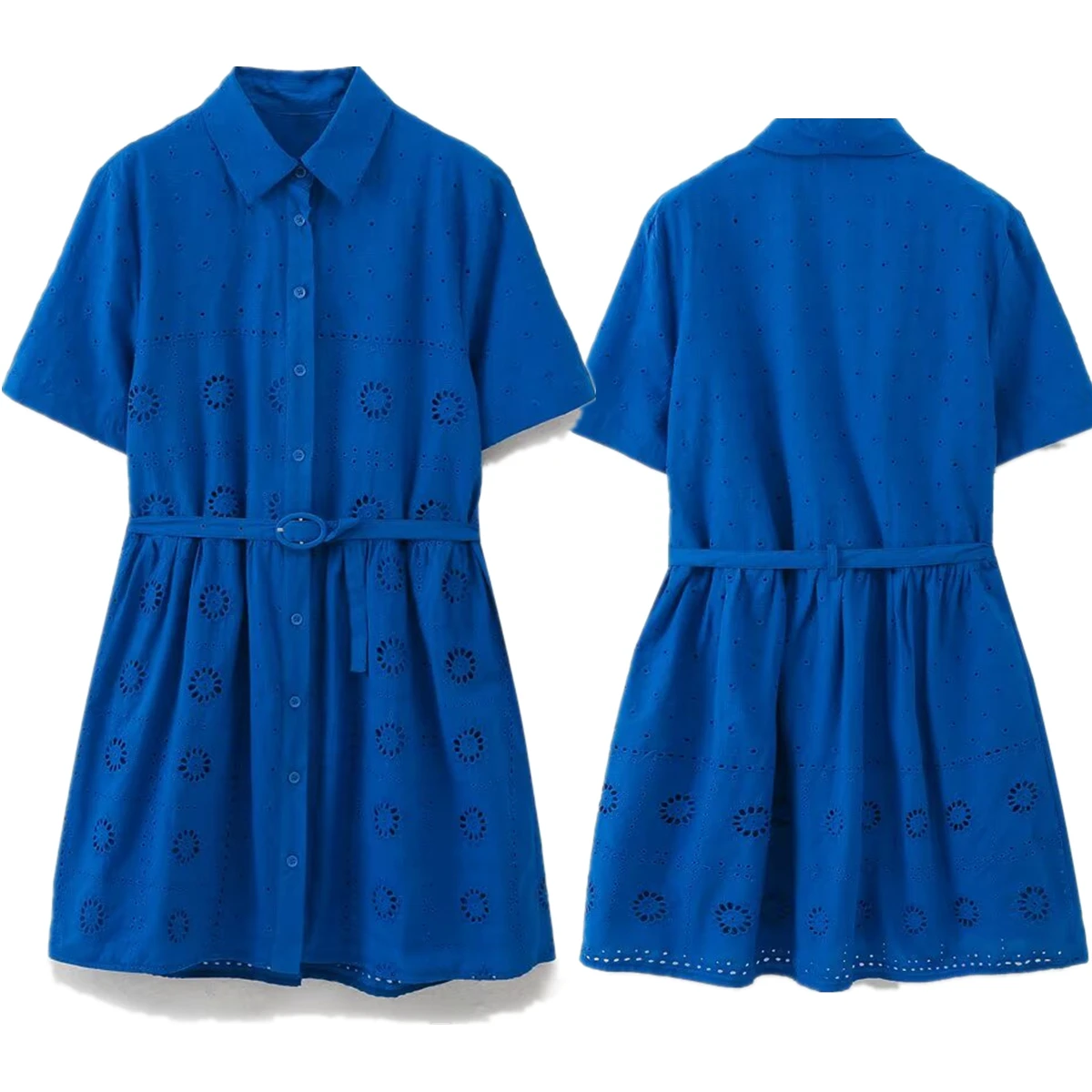 

Maxdutti 2025 Summer Minimalist Kranlan Hollowed Out Embroidered Dress French Commuter Casual Shirt Mini Dress Women