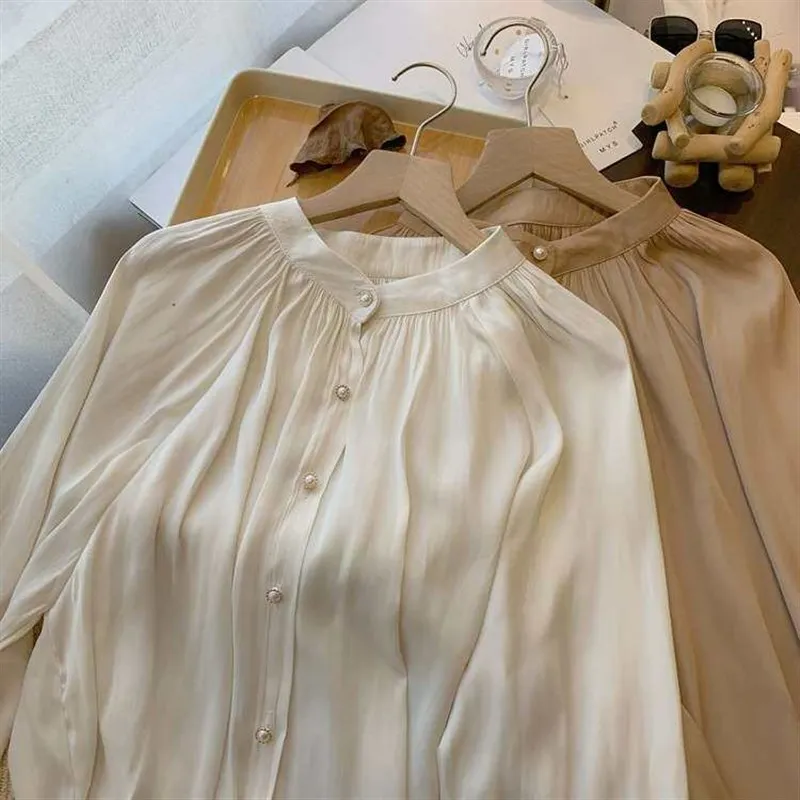 

Women's Acetic Acid Satin Shirt Long Sleeve Stand Collar Lantern Sleeve Breathable Skin-friendly Spring Summer Autumn Pure Color