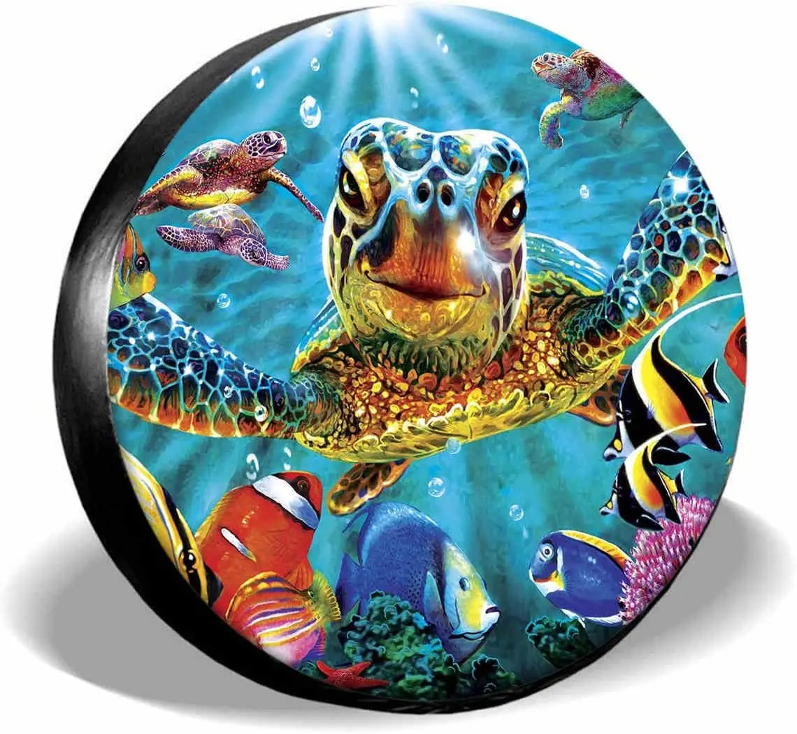 

IBILIU Marine Funny Sea Turtle Fish Spare Tire Cover,UV Sun Protectors Wheel Cover Blue Ocean Animal Tire Cover Universal Fit fo