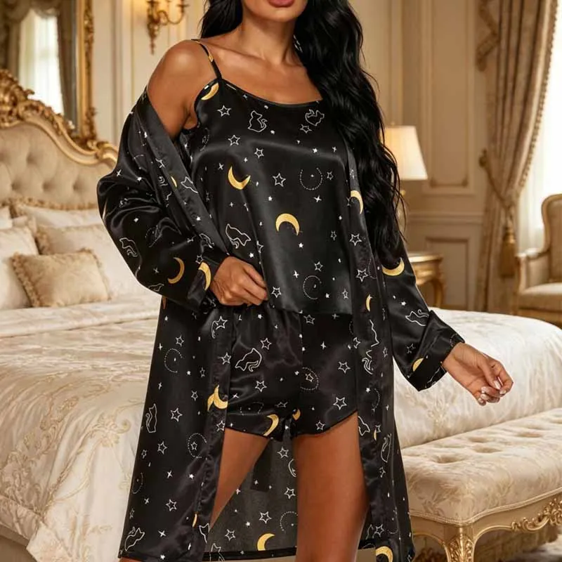 Print Flower Kimono Casual Gown Loose Loungewear Elegant Nightgown Women Robe Suit Homewear Satin 3 Pcs Comfy Bathrobe Gown Set