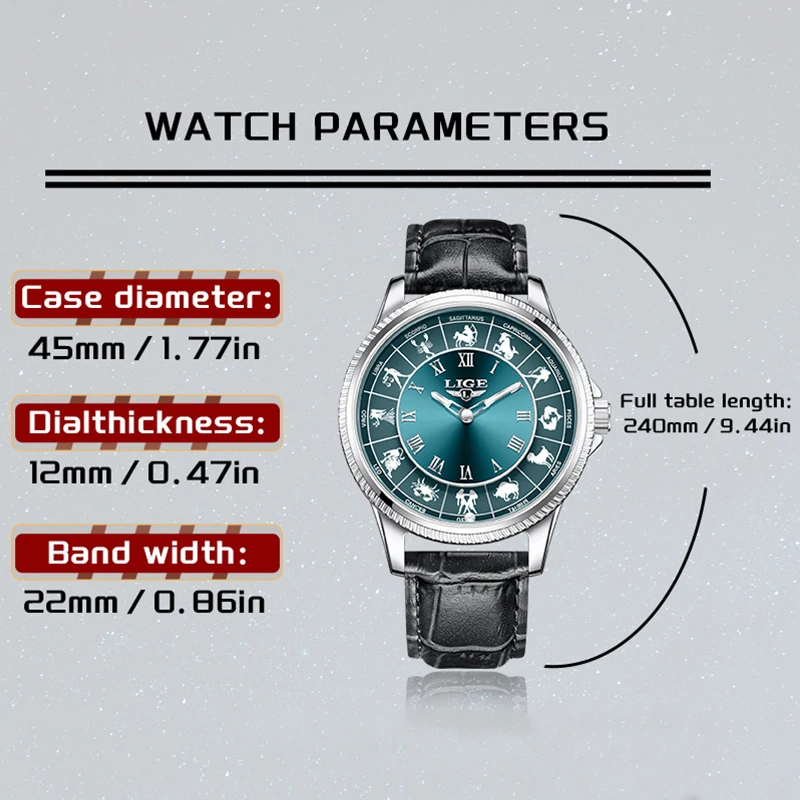 LIGE Fashion Quartz Man Watch Retro Outdoor Business Casual Sport Leather Constellation Dial Waterproof Luminous Watches for Men