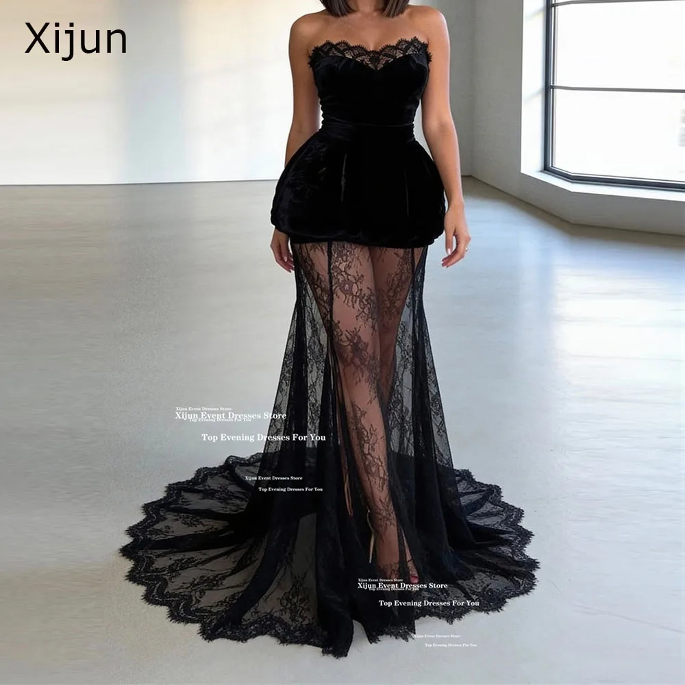 Xijun Sexy Black Lace Evening Dresses A-Line Sleeveless Velvet Formal Prom Dresses Sweetheart Sweep Train Prom Gowns Customized