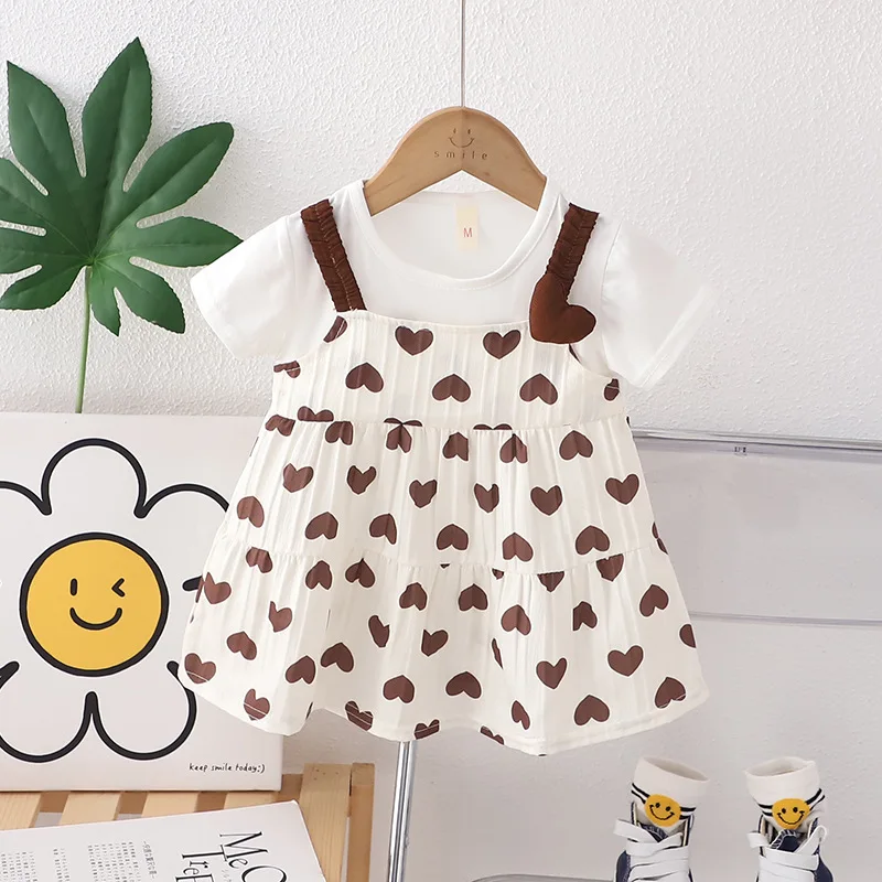 Baby Girl Dress Summer Woven Spliced Fake Two-Piece Heart-Shaped Printed Sweet Beauty Cute Infant Girl One-Piece Dress