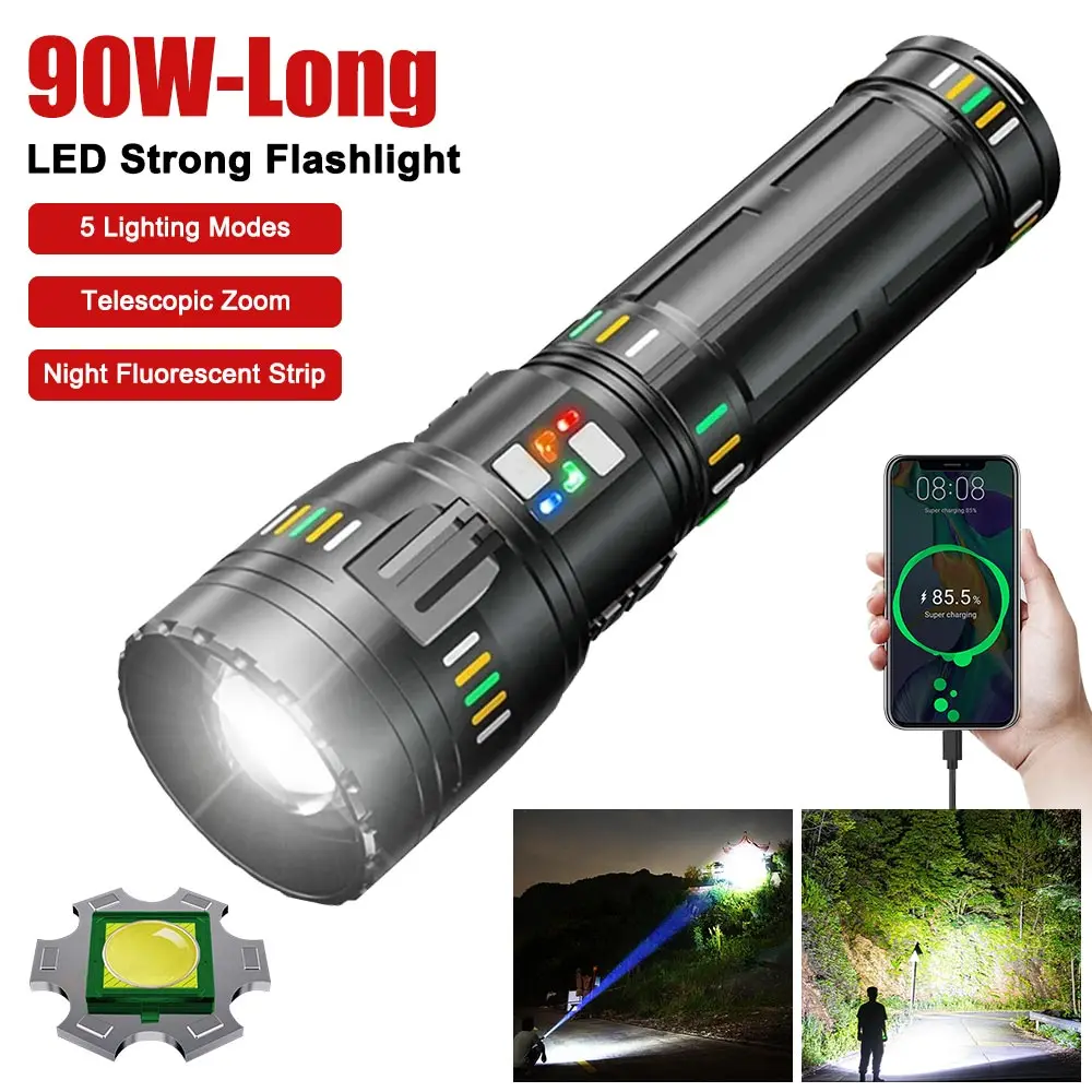 

Long Range Flashlight Fluorescent Absorbing Film Luminous Zoom Super Bright Flashlight Rechargeable Outdoor Camping Emergency