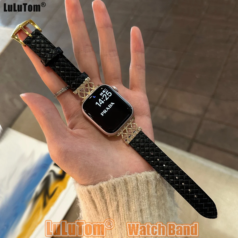 

Роскошный Алмазный Кожаный ремешок для Apple Watch Band Ultra, браслет для Iwatch Series 9 8 7 6 SE 5 4 3, 49 мм 45 мм 44 мм 42 мм 38 мм 40 41 мм