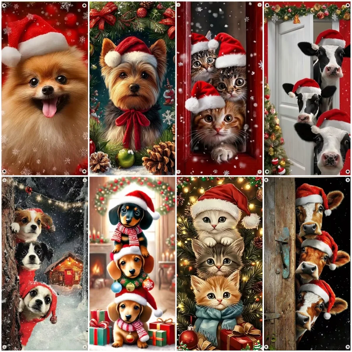 Cartoon Pet Christmas Party Decor Door Cover Banner Cute Cat Dog Cow Backdrop Festival Supplies New Year Photography Background