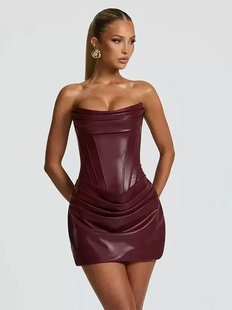 

GACVGA сексуальное мини-платье без бретелек из искусственной кожи с повязкой на спине для женщин, элегантное облегающее платье без рукавов со рюшами, клубные вечерние платья
