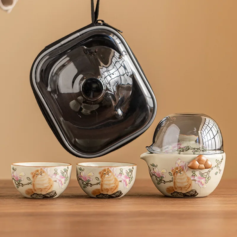 Cute Cat Travel Tea Set Portable Outdoor Kung Fu Tea Cup Handheld Pot Set Opens to Hold One Pot and Two Cups Tea Tool Gift Set