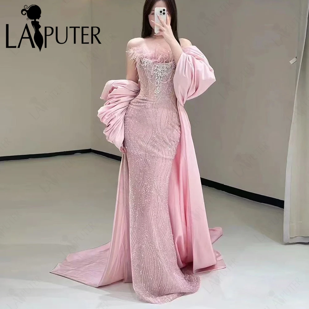 Luxury Pink Sequin Mermaid Evening Dresses Ostrich Hair Off Shoulder Crystal Bodice Party Dress Hollow Out Waist Pink Prom Gown