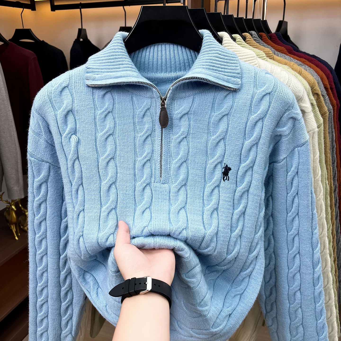 Mode Hochwertige Pullover Männer Luxusmarke Klassischer Stil Paul Pony Stickerei Winter Vintage Neue Dicke Warmwarmabdeckung Reißverschluss Kragen Stricken Sweater – Detail 10