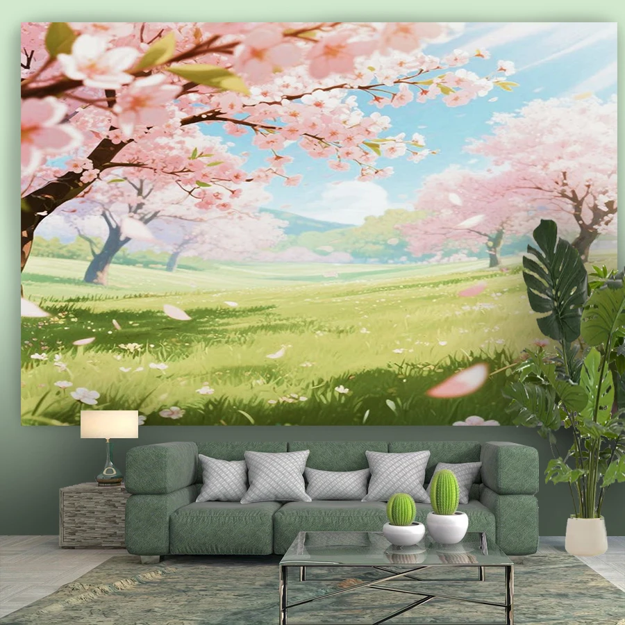 1PC Anime Cherry Grass View Print Backdrop Banner, Bedroom Living Room Photo Background, Polyester, Home Decor, Wall Art