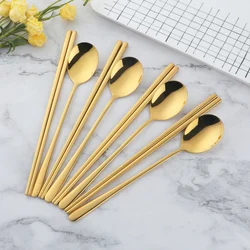 18/0 Stainless Steel Tableware Dinner Set Golden Long Handle Non-slip Chop Sticks Dessert Spoons Metal Korean Dinnerware Set