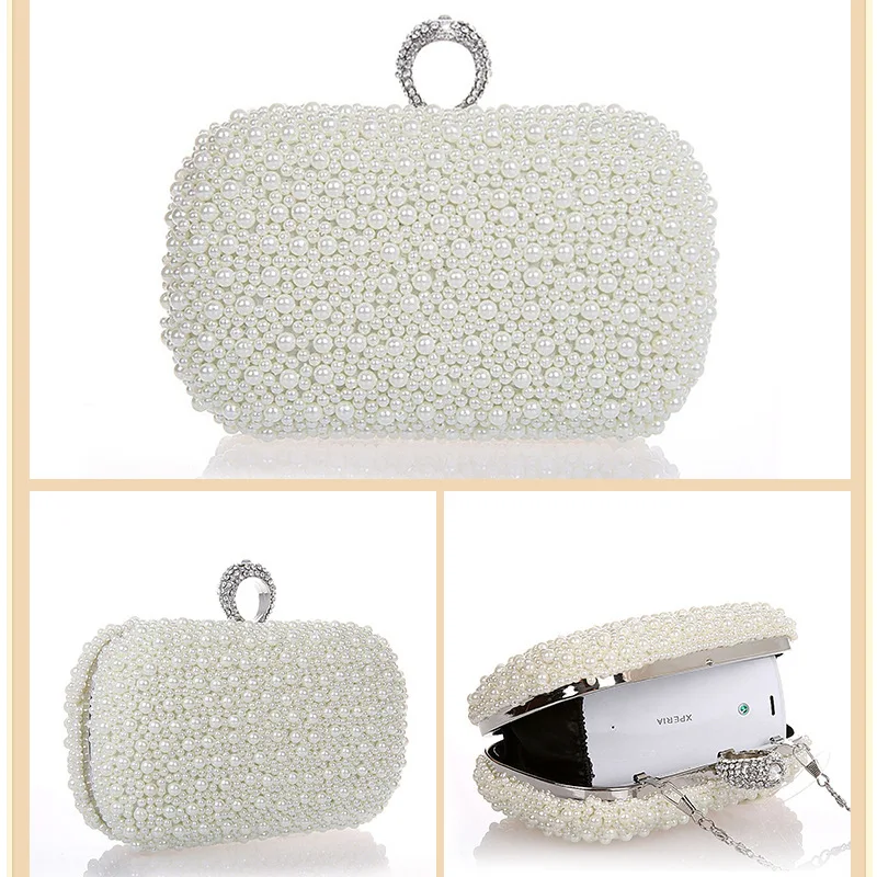 New imitation pearl ring dinner bag hand-stitched beaded evening bag Ladies fashion high-grade clutch bag Bridal evening bag