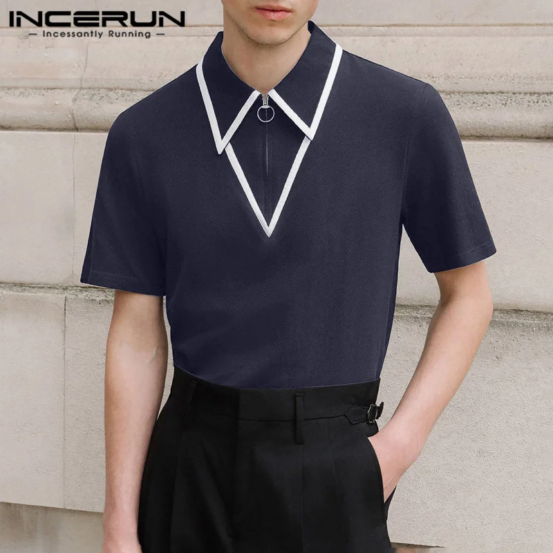 INCERUN Men\'s Shirt Patchwork Lapel Short Sleeve Zipper Casual Male Shirts Streetwear Summer 2024 Fashion Leisure Men Clothing