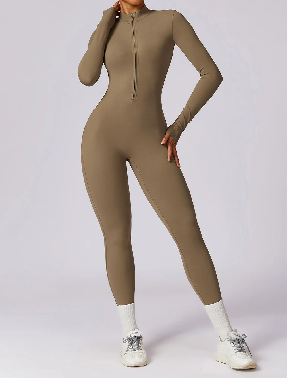 بدلة يوجا بأكمام طويلة مع سحاب للتدريب، ملابس رياضية لصالة الألعاب الرياضية واللياقة البدنية والجري مع سراويل طويلة #3