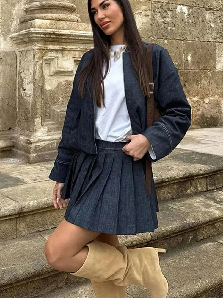 HH 2025 Women's Fashion Denim Jacket Casual Jacket Set Summer High Waist Pleated Mini Skirt 2-Piece Set Women's Streetwear