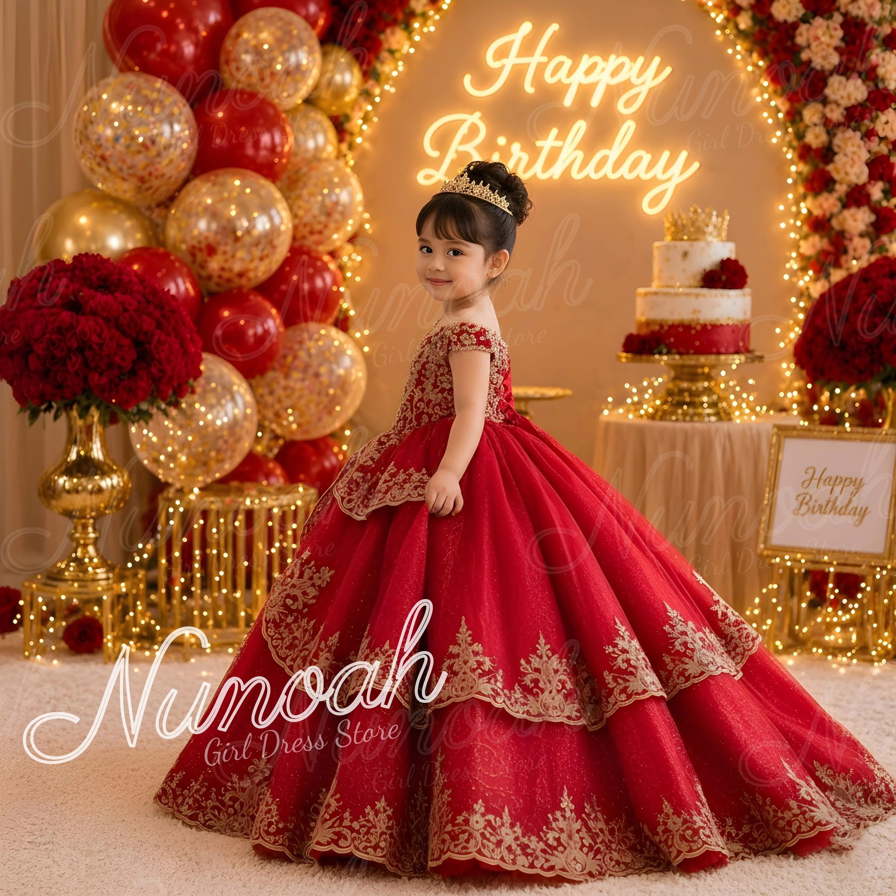 Luxury Red Flower Girl Dress For Wedding Lace Appliques Girl Birthday Party Off The Shoulders First Communion Gown Customized