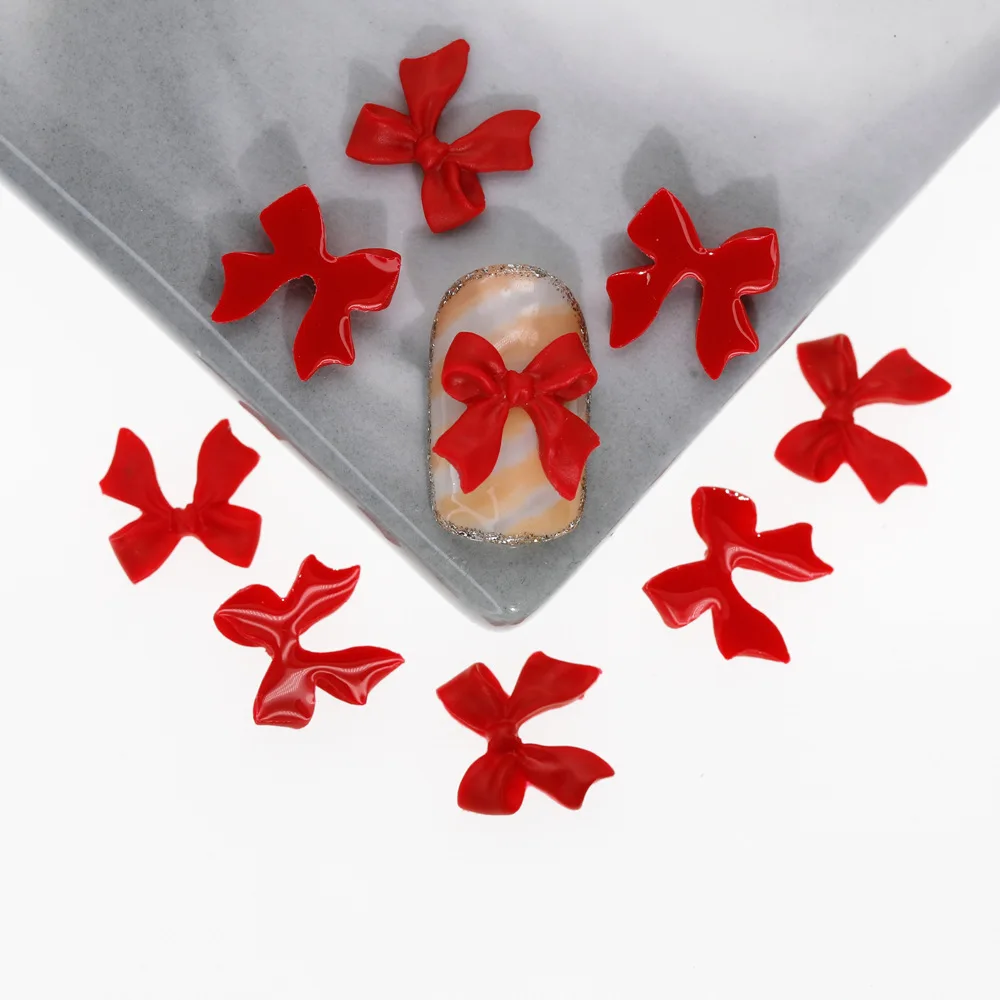 100Pcs/Bag Bowknot Nail Art Bow Charms DIY Acrylic Ballet Decorations Design Parts Red Rhinestone Cute Manicure Supplies Winter