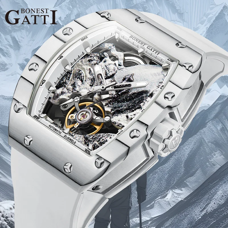 

BONEST GATTI Tonneau Mechanical Wristwatch Carbon Fiber Watchcase Luminous Climbers Dial Watches For Men