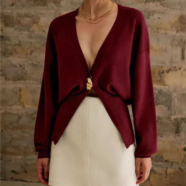 

Women's Knitted Sweater with Elegant Temperament, Solid Color, Long Sleeved Buttons, Knitted Open