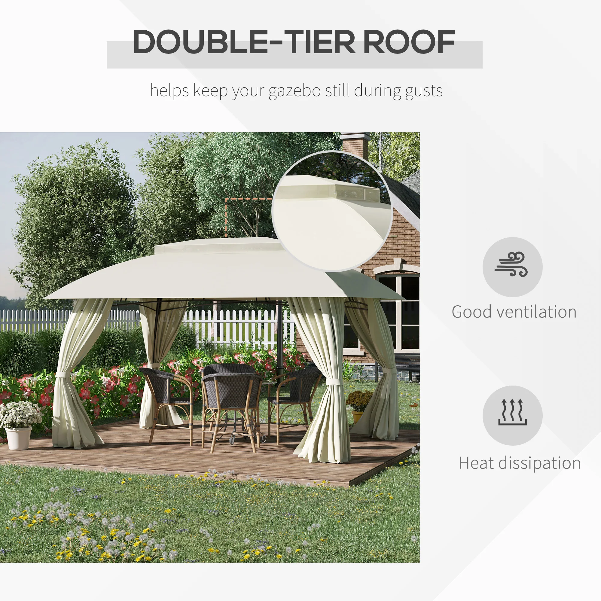 13' X 10' Patio Gazebo, Double Vented Canopy Shelter, Curtains, Steel, Beige image 4