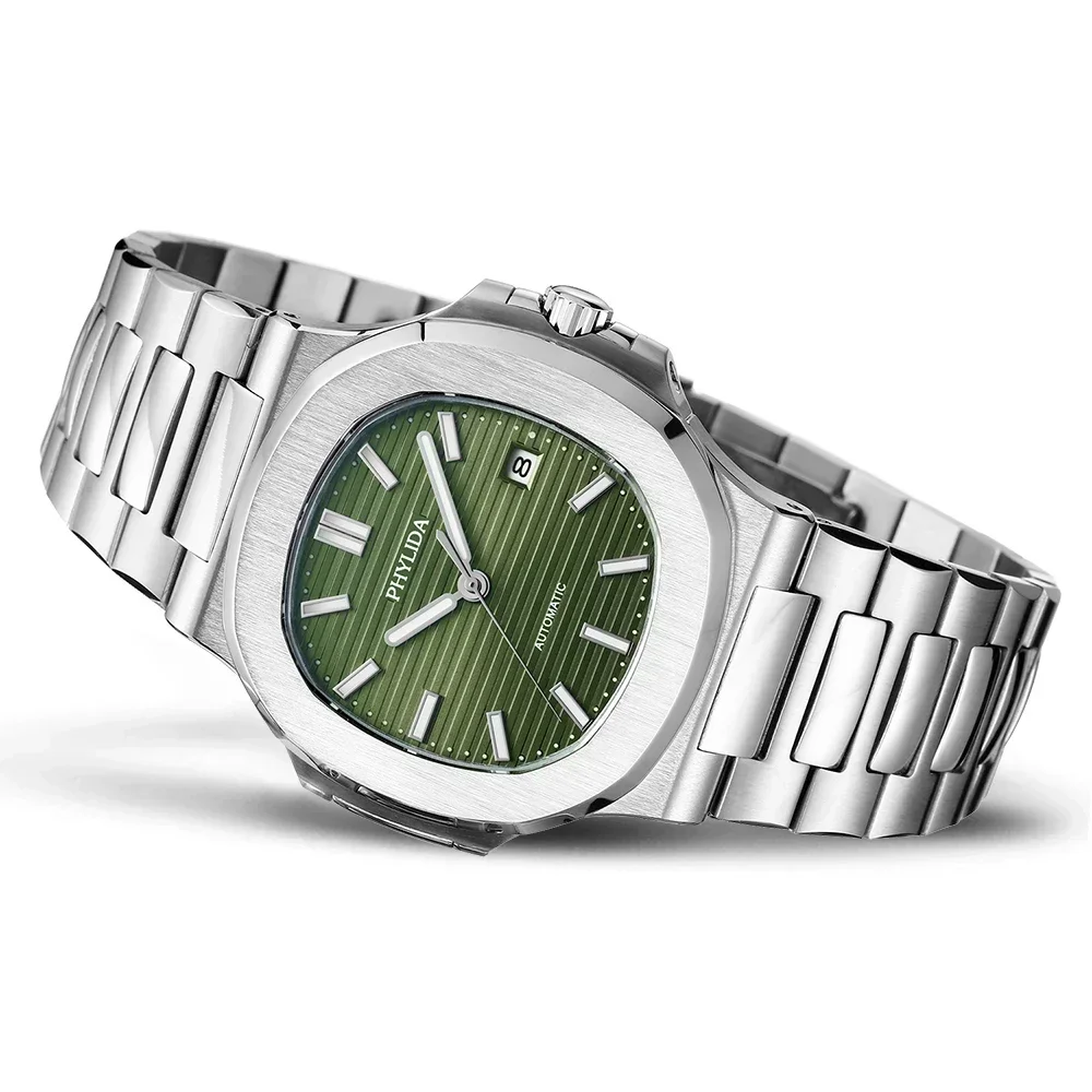 PHYLIDA 40 mm herenhorloge met groene wijzerplaat, luxe klassiek sporthorloge Miyota automatisch met datum saffierglas