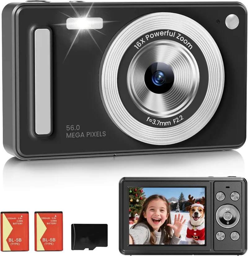 كاميرا رقمية، كاميرا FHD 1080P Point and Shoot مع بطاقة SD سعة 32 جيجابايت، بطاريتين، تكبير 16X، مضادة للاهتزاز، مدمجة للطلاب
