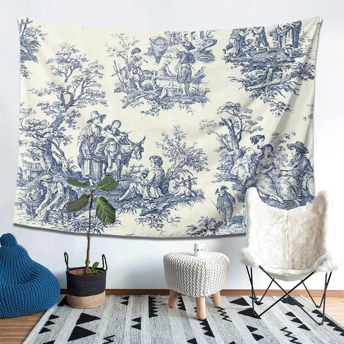 

Powder Blue French Toile Picnic Design Tapestry Decoration Art Aesthetic Tapestries for Living Room Home Wall Cloth Wall Hanging