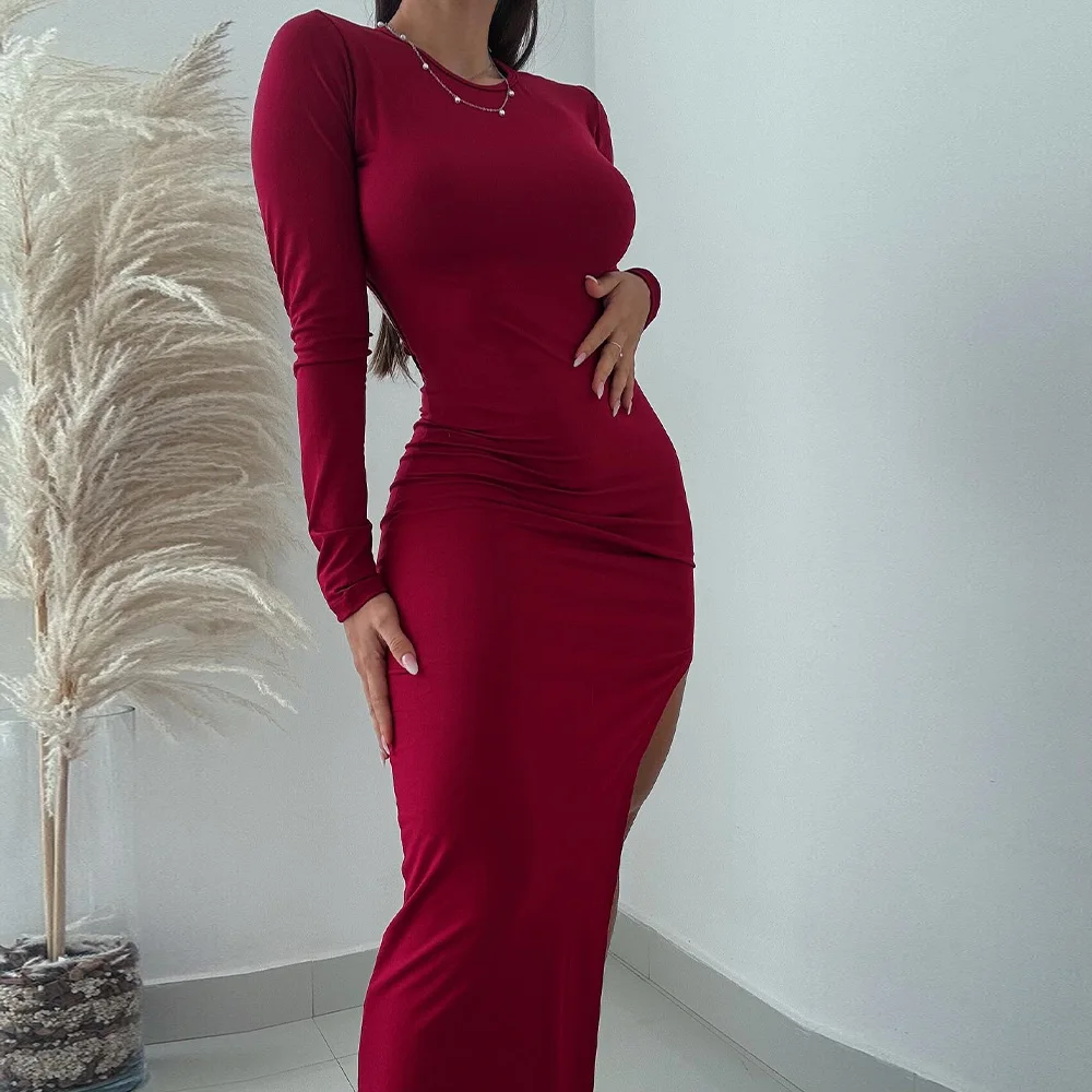 

Crew neck Straight Jersey Pleats Long Sleeves Floor Length Solid Color Elegant Party Dresses Woman Dresses For Formal Occasions