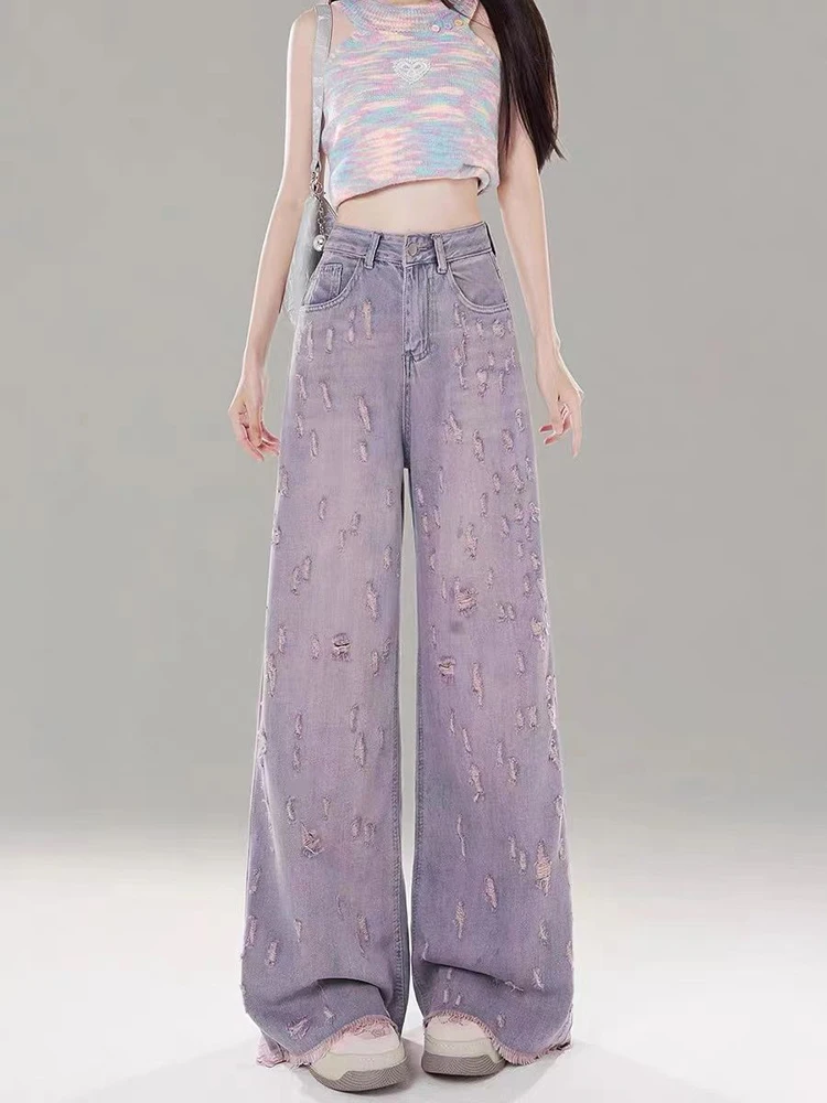 Women's Autumn New Hole Design Sense Floor-Length Pink Purple Color Long Trousers Fashion High Waist Wide Leg Denim Jeans