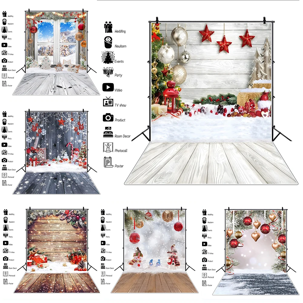 

Merry Christmas Backdrop Wooden Floor Fireplace Gifts Winter Snow Xmas Tree Baby Portrait Photography Background Photo Studio