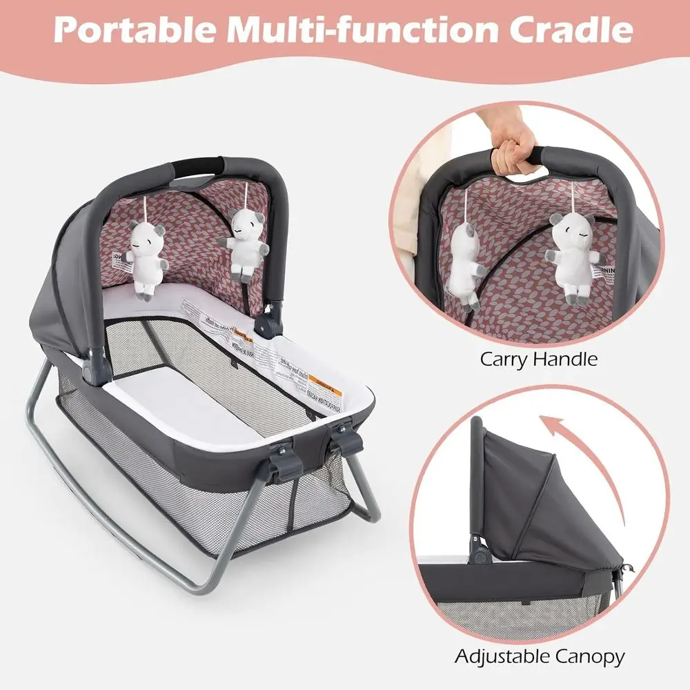 เปลเด็กอเนกประสงค์แบบพกพาพร้อมเปลนอน, ที่เปลี่ยนผ้าอ้อม, ที่นอน, ที่เก็บของ และของเล่น สีชมพู