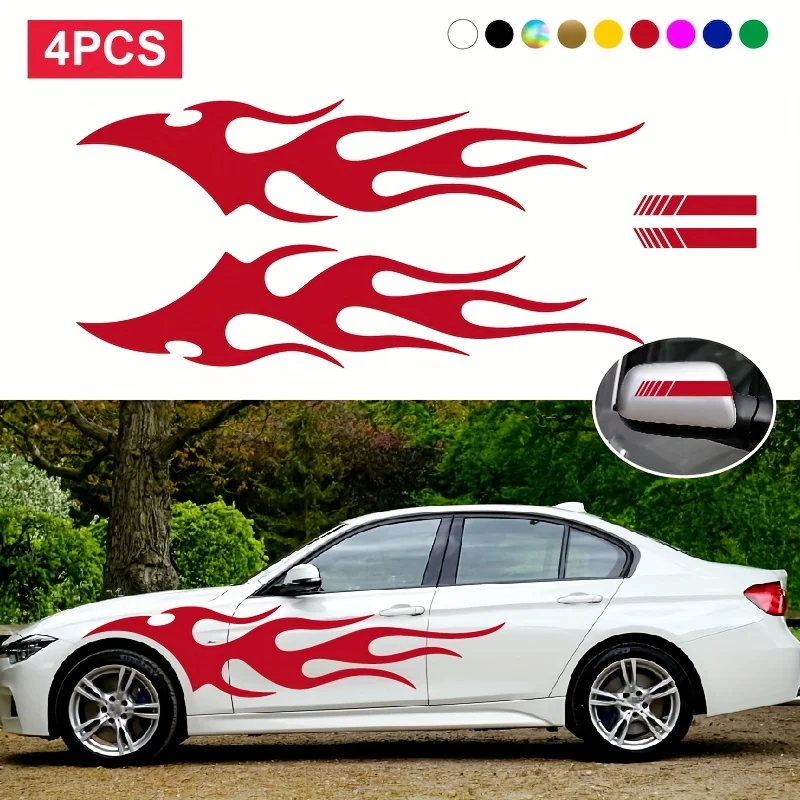 4pcs Fashion Car Stickers Flames Flaming  Auto Body Stickers Stripe Car Door Decals Waterproof Decorative Rearview Mirrror Decal