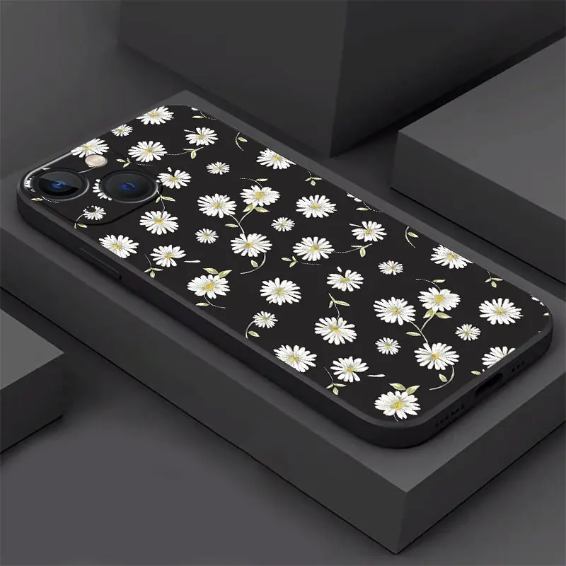 phone Case for Apple iPhone 12 11 14 Plus XR 6 SE 15 Pro 13 Mini XS Max 7 8 soft fundas Black Cover Daisy Chrysanthemum Flowers