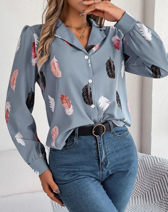 

2025 Women's Clothing Trend Casual Autumn Feather Print Notched Collar Long Sleeve Button Down Shirt For Ladies Fashion Blouse