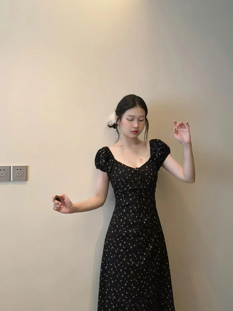 Vestido f sexy preto com estampa floral, linha a, verão, novo estilo, cintura, manga bolha, gola quadrada, cintura alta