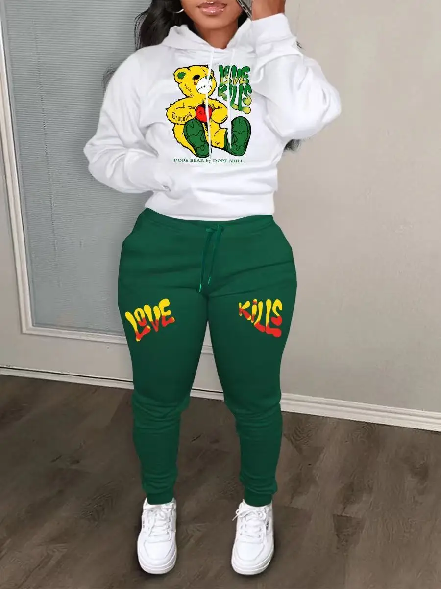 2025 New Fun Fashion Printed Women's Sports Shirt Set Hooded Pants Set Women's Slow Running Sports Shirt Two Piece Set