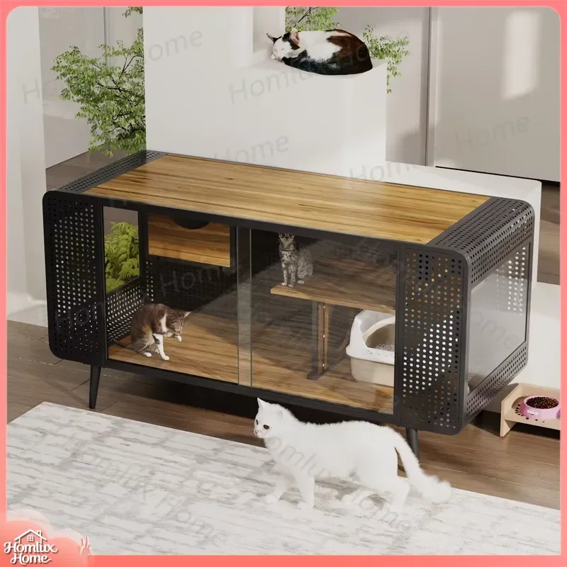Large Cat House with Tempered Glass 55 Inch Spacious Pet Bed Indoor Luxury Cat Condo for Living Room Hallway Study Modern